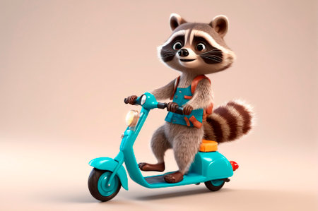 Raccoon rides a scooter, cartoon style, 3 d rendering. Generative AI.の写真素材