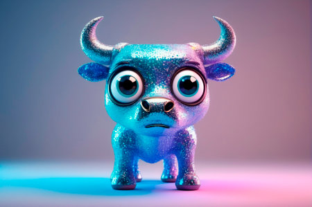 A holographic bull with big eyes, cartoon style, 3 d rendering, made up of many particles. Generative AI.の写真素材