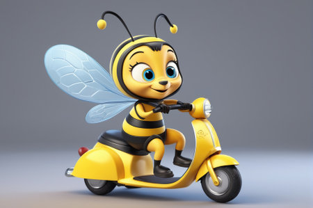 Bee rides a scooter, cartoon style, 3 d rendering. Generative AI.の写真素材