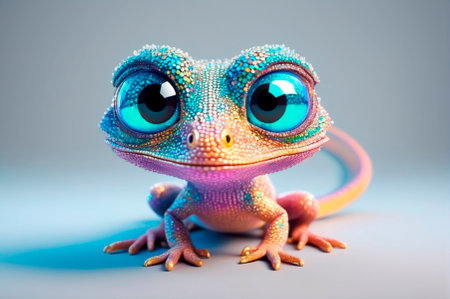 A holographic lizard with big eyes, cartoon style, 3 d rendering, made up of many particles. Generative AI.の写真素材
