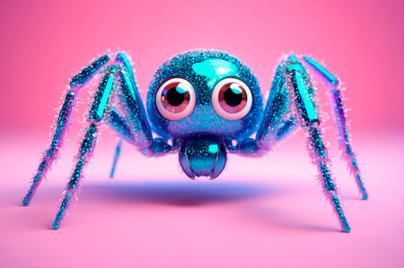 A holographic spider with big eyes, cartoon style, 3 d rendering, made up of many particles. Generative AI.の写真素材