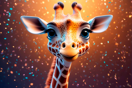 A giraffe with big eyes, cartoon style, 3 d rendering, made up of many particles. Generative AI.の写真素材