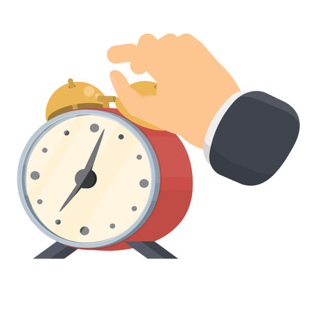Ringing alarm clock. Stop the clock with your hand, vector illustration.のイラスト素材
