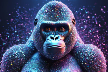 A holographic gorilla with big eyes, cartoon style, 3 d rendering, made up of many particles....