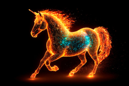 Running fiery horse consisting of particles, an oriental calendar. Generative AI.の写真素材