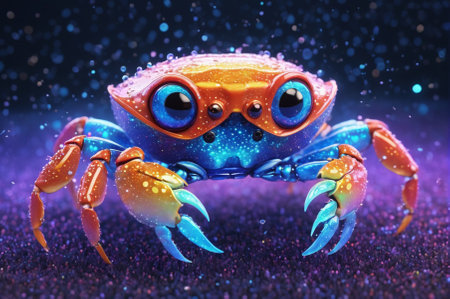 A holographic crab with big eyes, cartoon style, 3 d rendering, made up of many particles....
