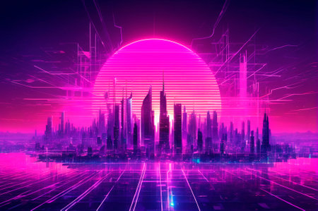 Futuristic Neon Cityscape with Vibrant Sunset Glow. Generative AI.の写真素材