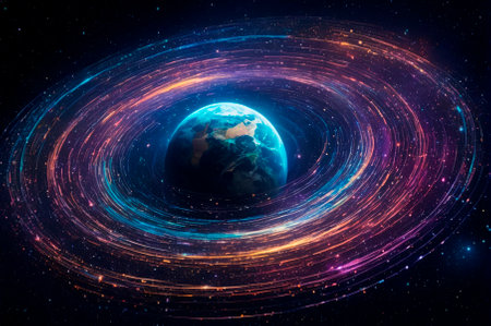 Earth Surrounded by Colorful Cosmic Swirl in Space. Generative AI.