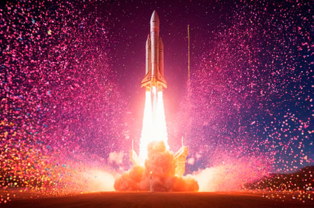 Spectacular Rocket Launch Amidst Vibrant Confetti Display. Generative AI.の写真素材