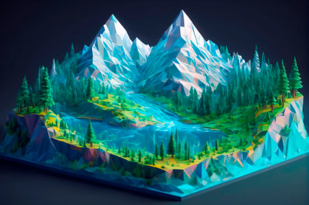 Geometric Mountain Landscape with Flowing River. Generative AI.