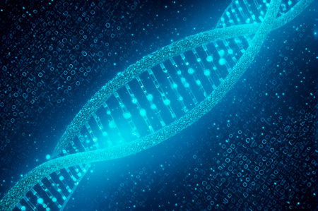 Glowing DNA Strand and Binary Code Background. Generative AI.