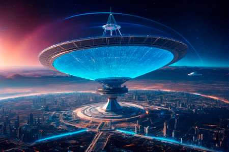 Futuristic City with Enormous Space Structure at Night. Generative AI.の写真素材