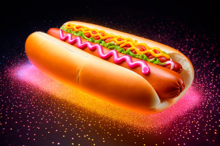 Colorful Hot Dog with Condiments on Sparkling Background. Generative AI.の写真素材