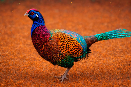 Colorful Pheasant Showcasing Vibrant Plumage on Grass.の写真素材
