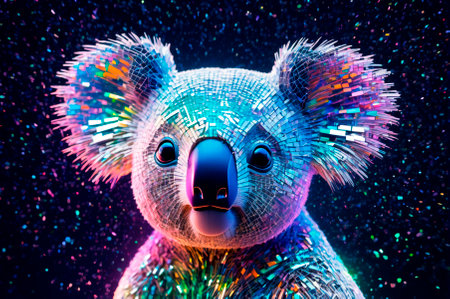 Iridescent Mosaic Koala with Glittering Background. Generative AI.