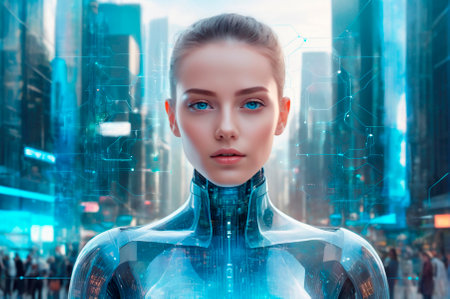 Futuristic Cyborg Woman in a High-Tech Cityscape. Generative, AI,の写真素材