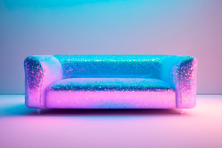 Sparkling Iridescent Sofa with Glitter Effect. Generative AI.