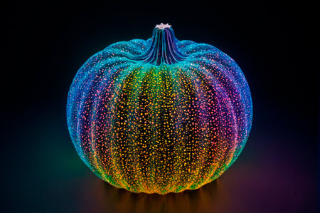 Iridescent Dot Covered Pumpkin on Black Background. Generative AI.の写真素材