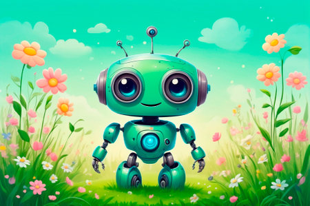 Cute Robot in Flower Field with a Happy Expression. Generative,ai,の写真素材
