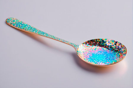 Glittering Holographic Spoon on Gray Background. Generative AI.の写真素材