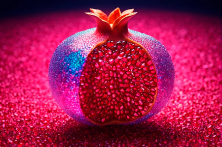 Vibrant Pomegranate with Glittering Surface Close-Up. Generative AI.の写真素材