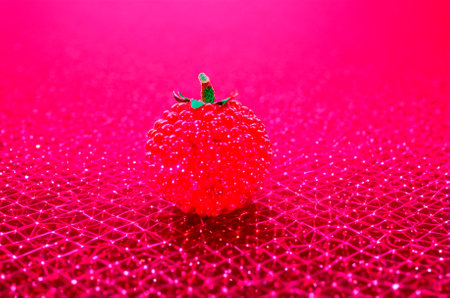 Realistic Raspberry Surrounded by Sparkling Pink Background. Generative AI.