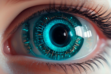 Futuristic Cybernetic Eye Close-Up with Intricate Details. Generative AI.