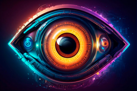 Futuristic Eye Cybernetic Design with Neon Colors. Generative AI.の写真素材