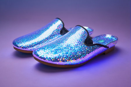 Sparkling Blue Sequin Slippers on Gradient Background. Generative AI.の写真素材