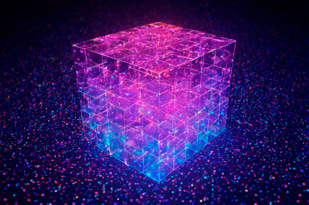 Neon Holographic Cube on Sparkling Surface. Generative AI.