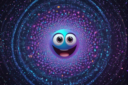 Happy Emoji in Digital Galaxy Background. Generative AI.