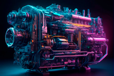 Futuristic Engine with Neon Colors and Complex Design. Generative AI.