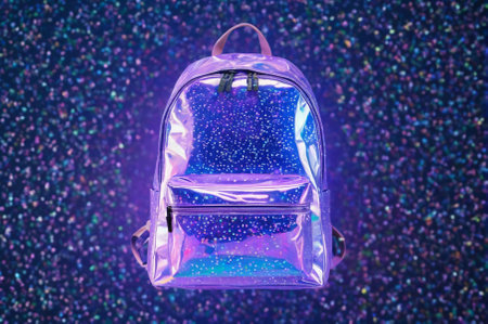 Shiny Holographic Backpack on Glittering Background. Generative AI.の写真素材