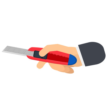 Paper Knife. Hand holding utility knife, vector illustration.のイラスト素材