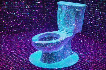 Glittering Toilet in a Neon Lit Room, Vibrant Colors. Generative AI.の写真素材