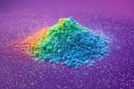 Vibrant Rainbow Colored Sand Pile Against Purple Background. Generative AI.の写真素材