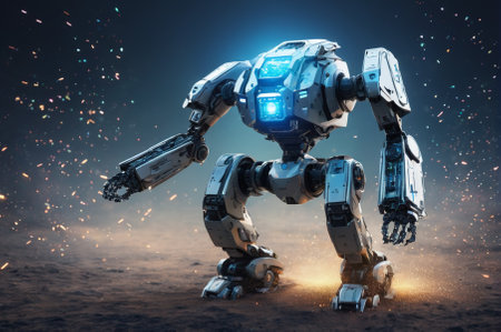 Futuristic Robot in Action with Sparks Flying. Generative AI.