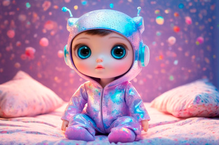 Cute Doll in Sparkly Outfit Sitting on Bed. Generative AI.