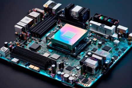 Close-Up View of Modern Computer Motherboard. Generative AI.の写真素材