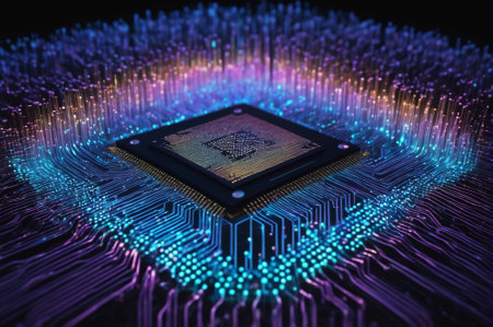 Futuristic Microchip Amidst Glowing Circuitry Network. Generative AI.の写真素材