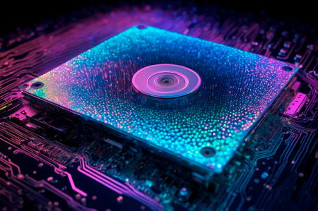 Futuristic Circuit Board with Holographic Effects. Generative AI.