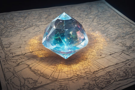 Glowing Crystal on Ancient Map Illustrating Mystical Discovery. Generative AI.の写真素材