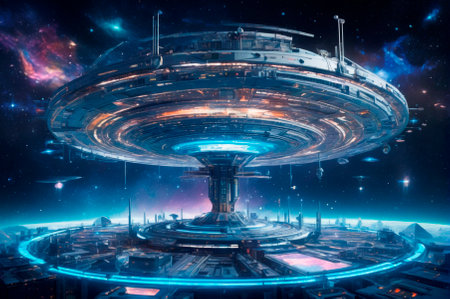 Futuristic Space Station Orbiting a Cosmic Landscape. Generative AI.