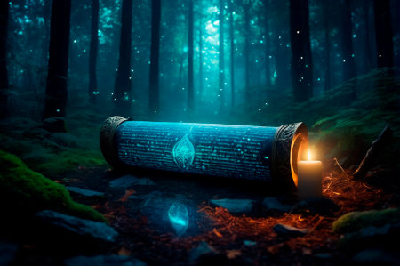 Enchanted Scroll and Candlelight in Mystic Forest. Generative AI.の写真素材