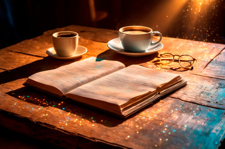 Cozy Coffee and Reading Moment with Sunlit Ambiance. Generative AI.の写真素材