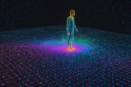 Neon Wireframe Human in Vibrant Digital Grid. Generative AI.の写真素材