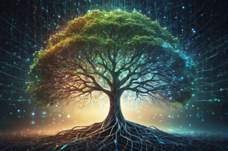 Mystical Digital Tree with Luminous Roots Illustration. Generative AI.