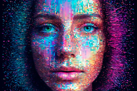 Digital Face with Colorful Pixel Elements. Generative AI.の写真素材