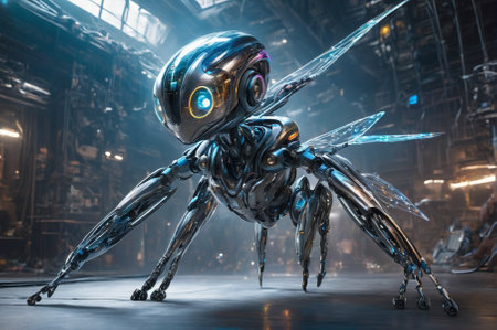 Futuristic Robotic Insect in Industrial Setting. Generative AI.
