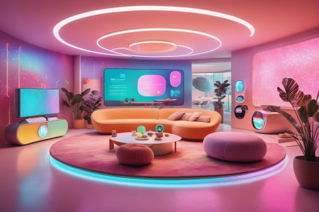Modern Futuristic Living Room with Neon Lighting. Generative AI.